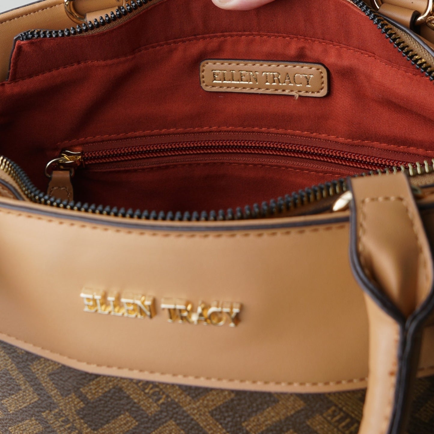 Ellen Tracy Logo Print Coated Canvas Satchel Handbag Detachable Adjustable Strap