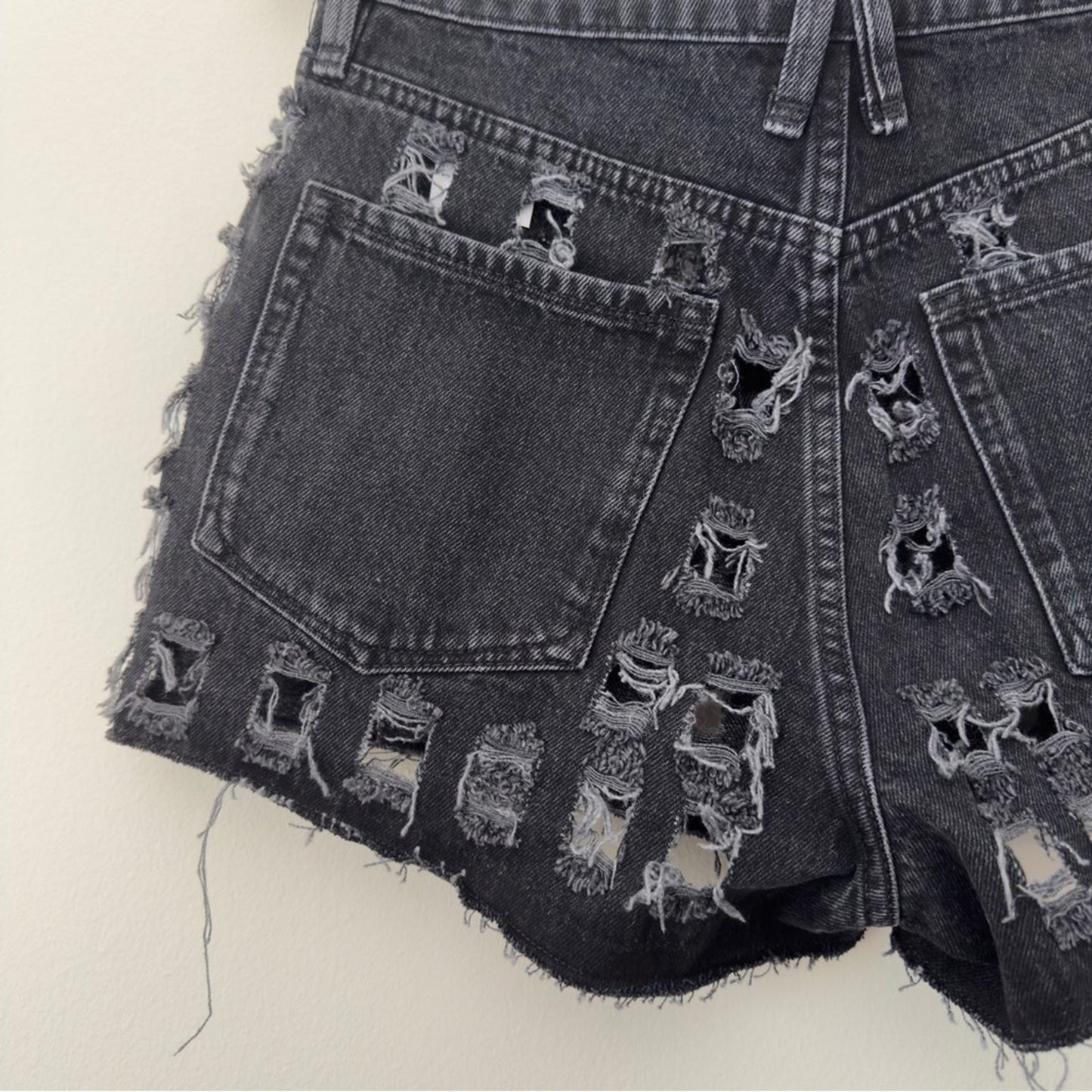 Good American Distressed Cut Off Jean Shorts Cutout Recycled Cotton Pockets Zip