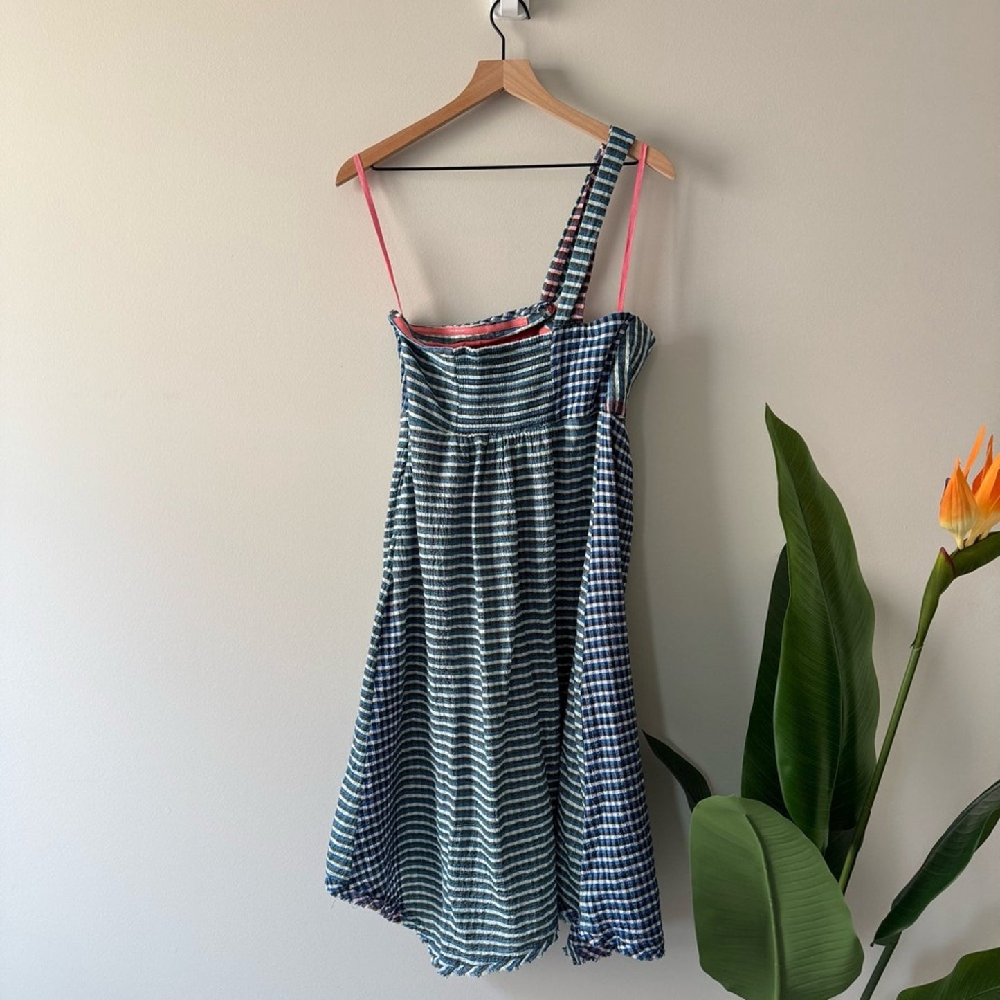 Anthropologie Maeve Waverly Dress One-Shoulder Checkered gingham midi asymmetric