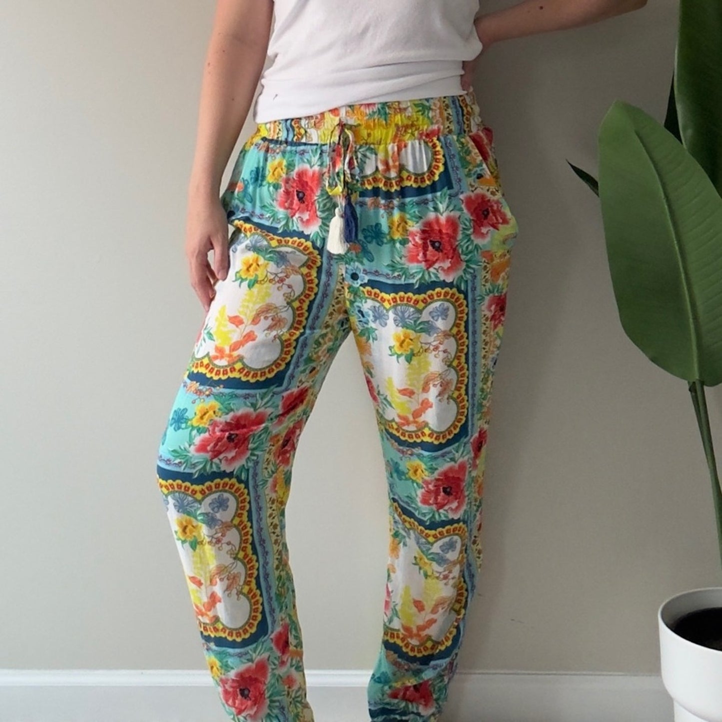 Cia. Maritima Floral Print Women's Pants Boho Bohemian Hippie Tassel Drawstring