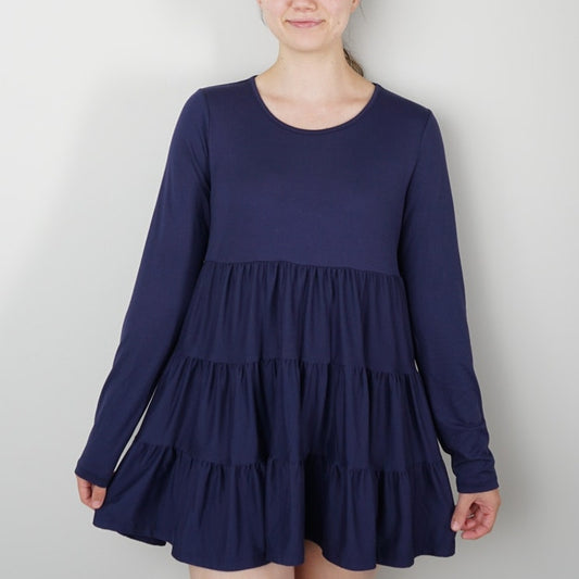 You & Me Navy Tiered Mini Dress Long Sleeve Round Neck Stretch Solid Preppy EUC