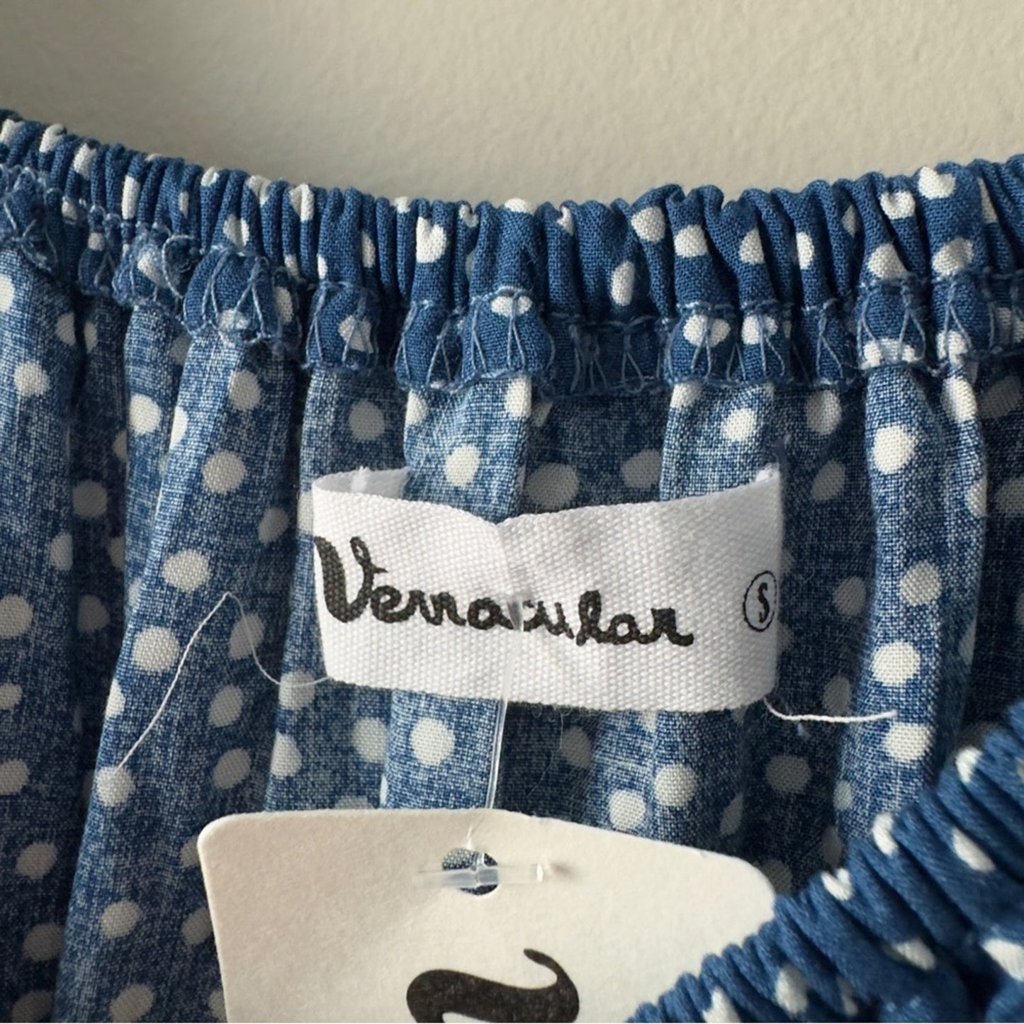 NWT Vernacular Off the Shoulder Blue White Polka Dot Dress Tiered Romantic Midi