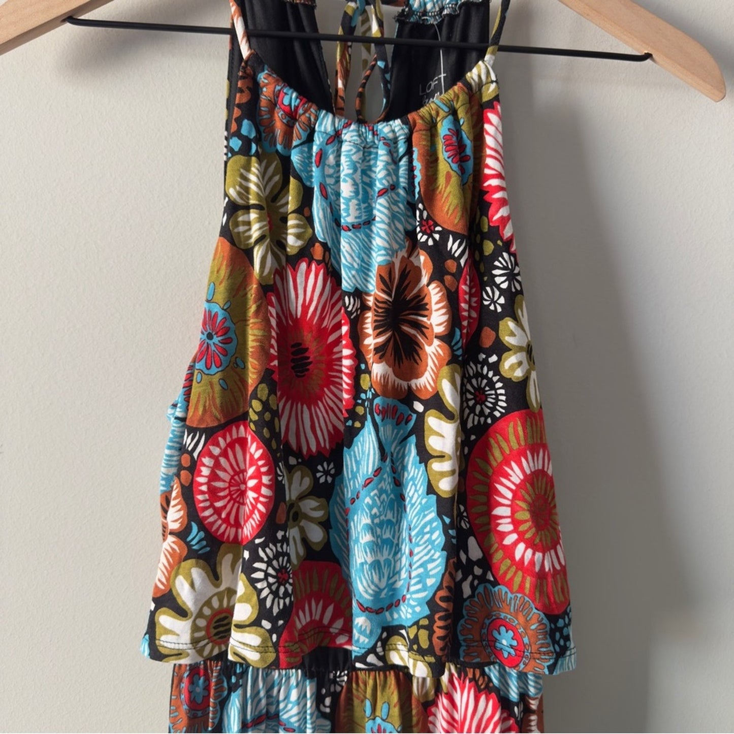 Loft Floral Halter Dress Mini tropical spaghetti strap tiered stretch summer NWT