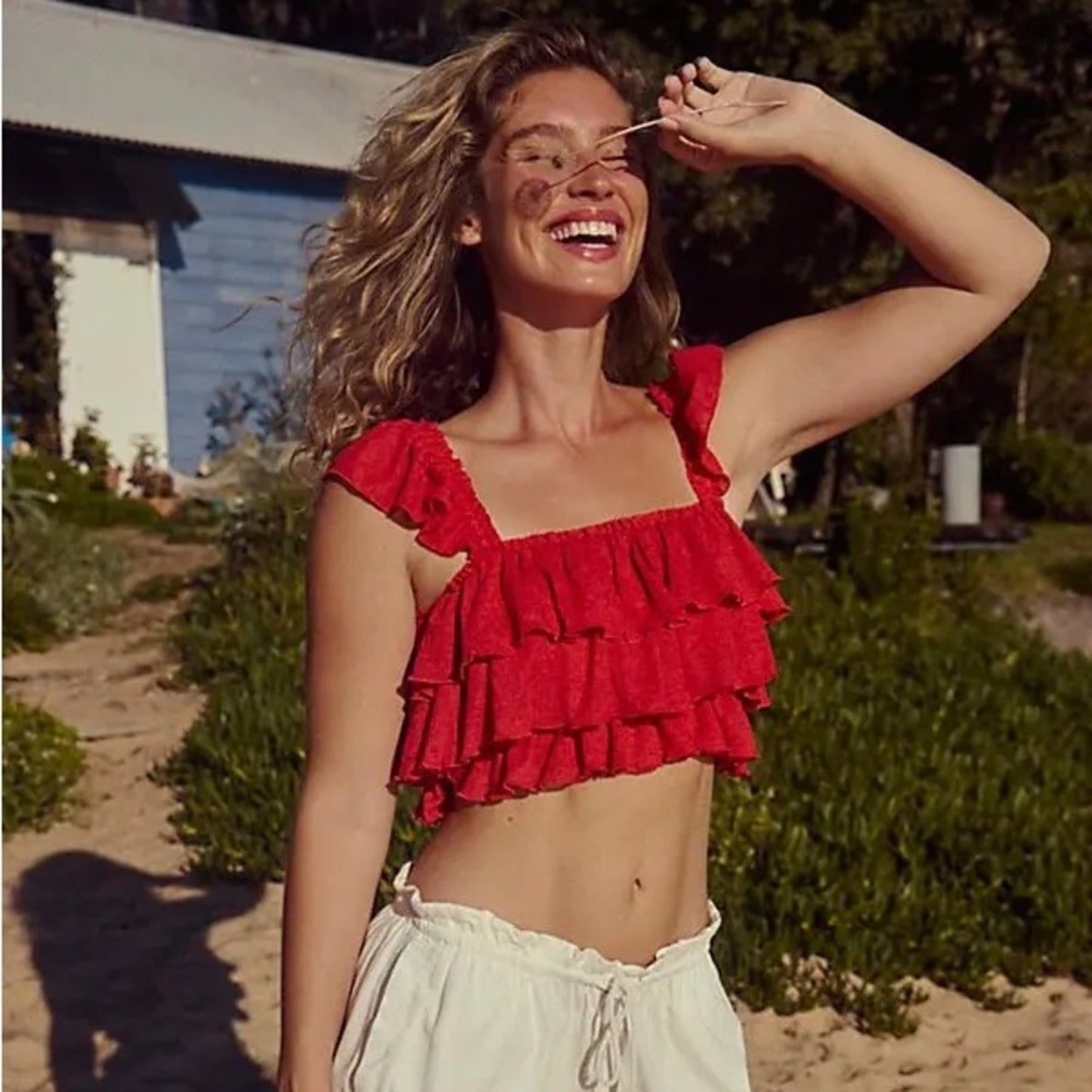 FREE PEOPLE Free-Est Ribbed Ruffle Cropped Top in Fiesta Red Tank Tiered Crop M