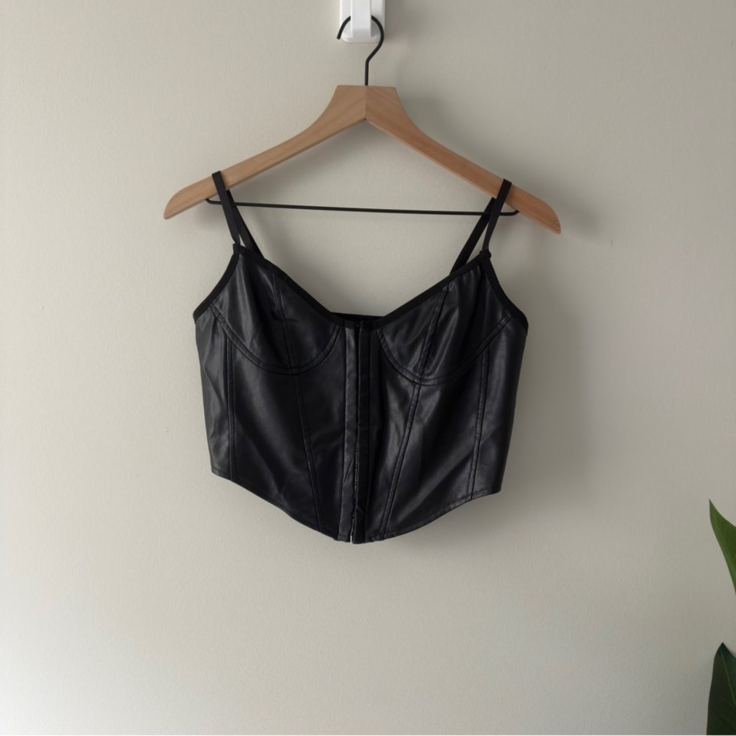 Shein Black Faux Leather Crop Top Corset Adjustable Spaghetti Straps Halloween S