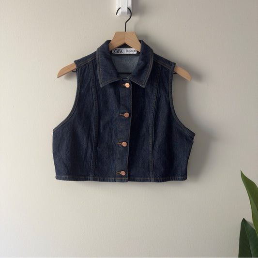 Zara Blue Denim Sleeveless Button Down Vest Top Jean Collared Collar Y2K Cotton