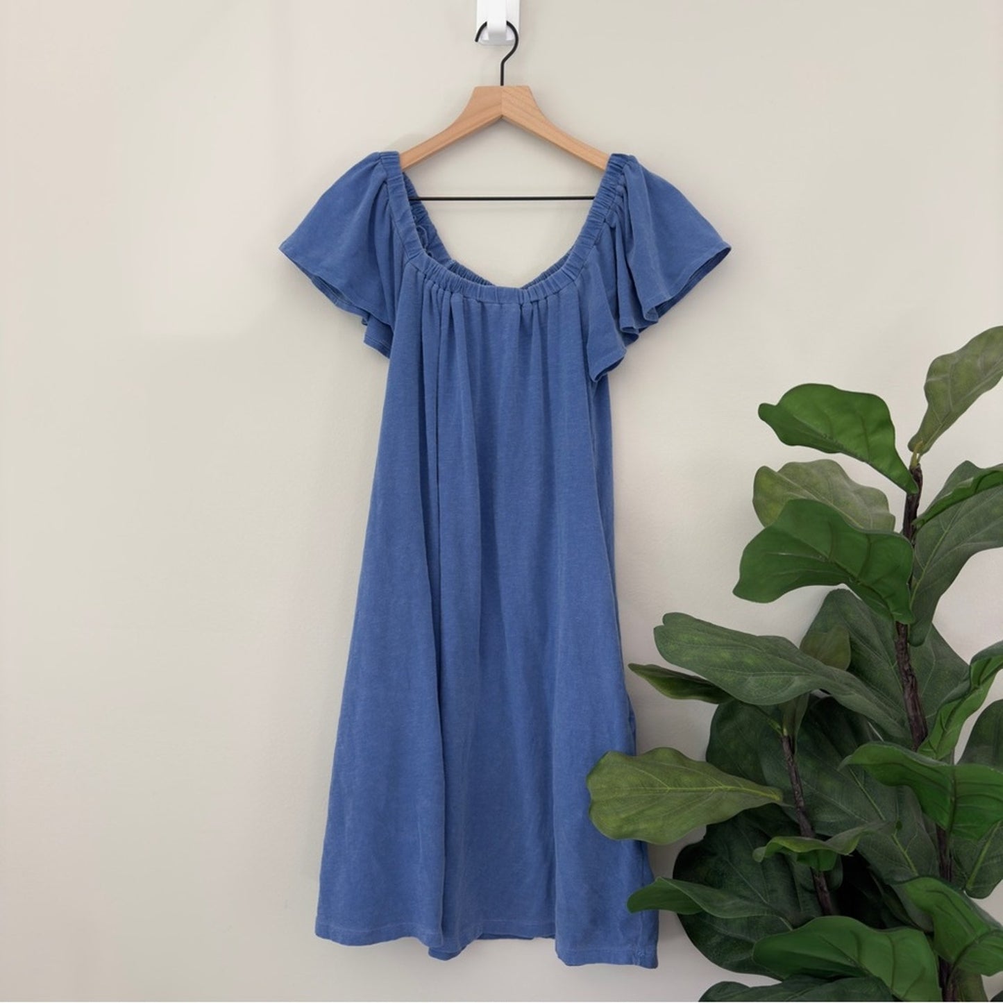 Sundry Mini Trapeze Dress Blue Square Neck Flutter Sleeve Sundress Cotton Summer