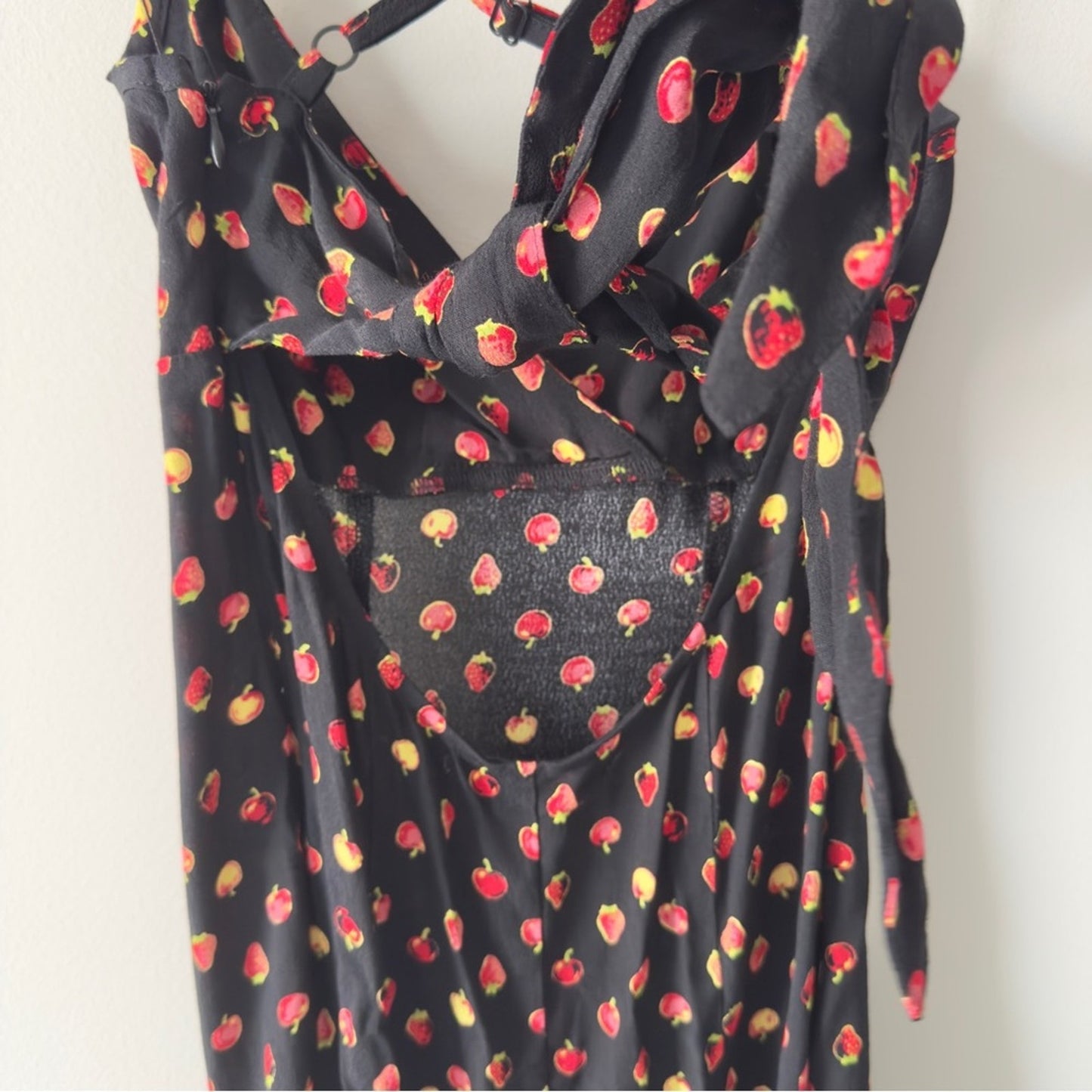 Kimchi Blue Urban Outfitters Fruit Print Black Red Strappy Dress Deep B-Neck EUC