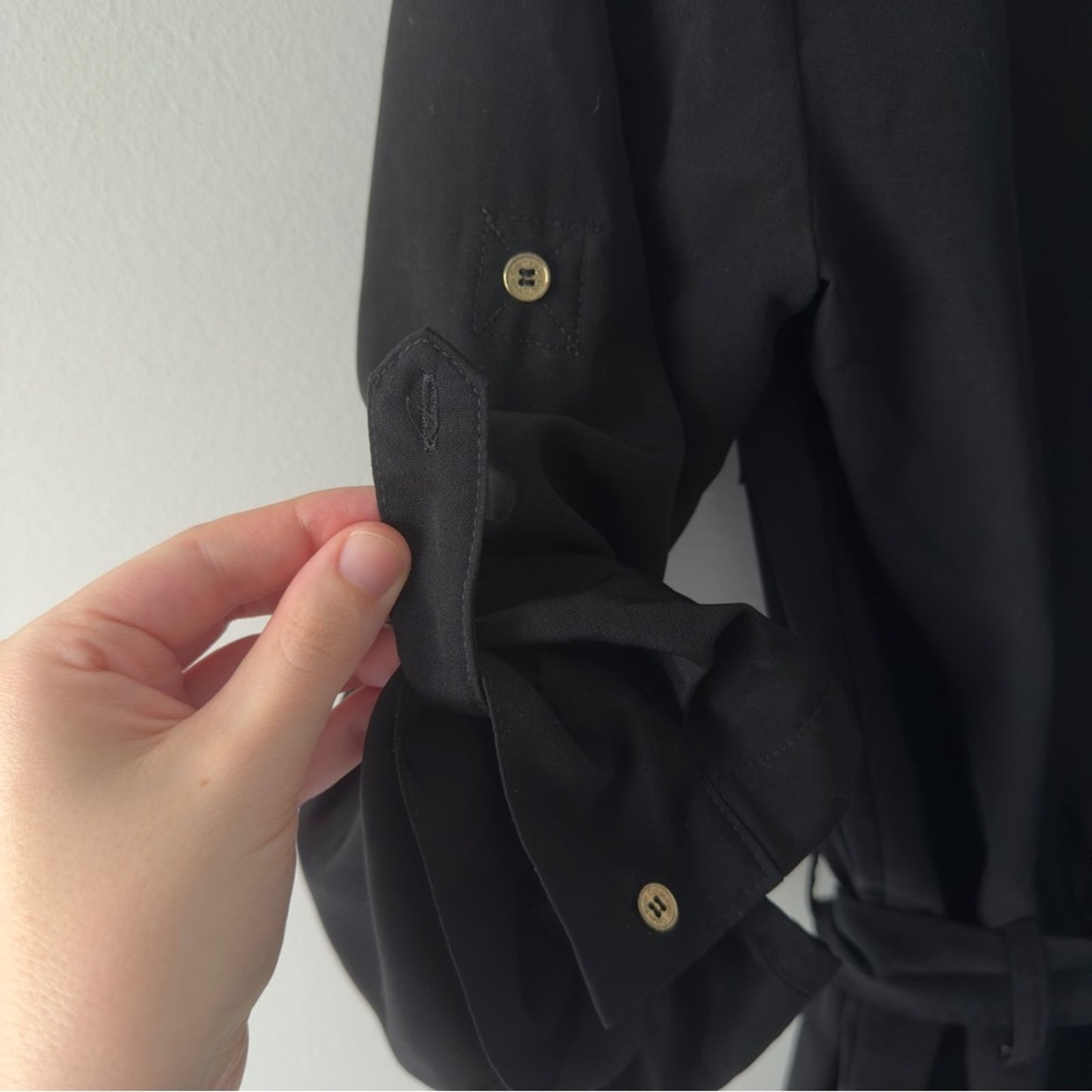 Calvin Klein Black Button-Up Front Jumpsuit Gold Accents Zipper Pockets Tie Belt