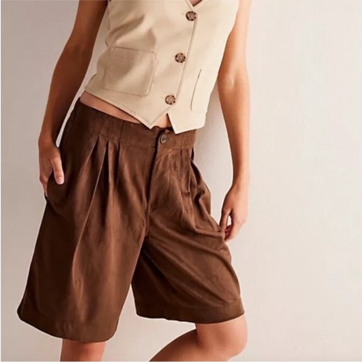 Free People We The Free Straight On Suede Shorts Brown Retro Pleated Bermuda Zip