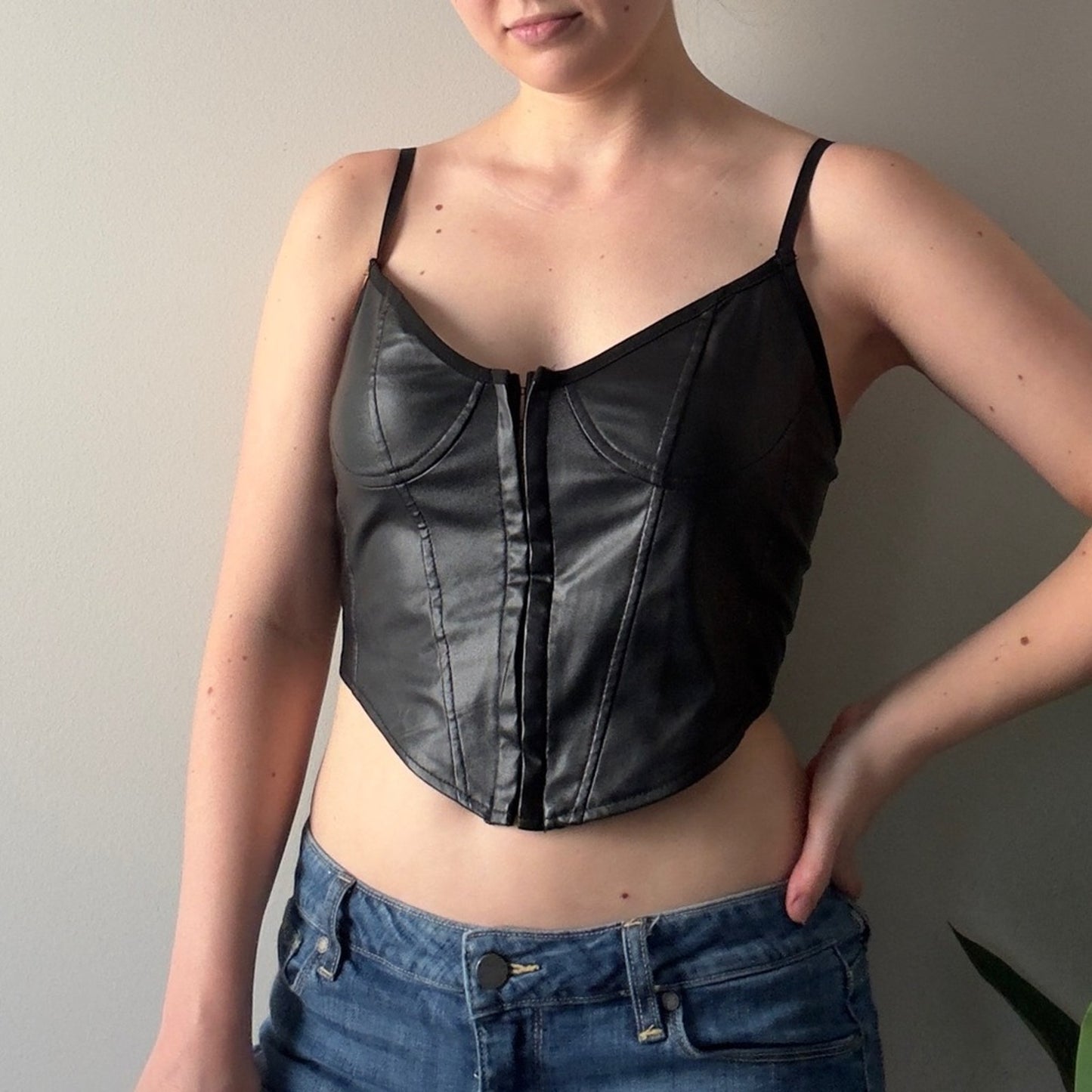 Shein Black Faux Leather Crop Top Corset Adjustable Spaghetti Straps Halloween S