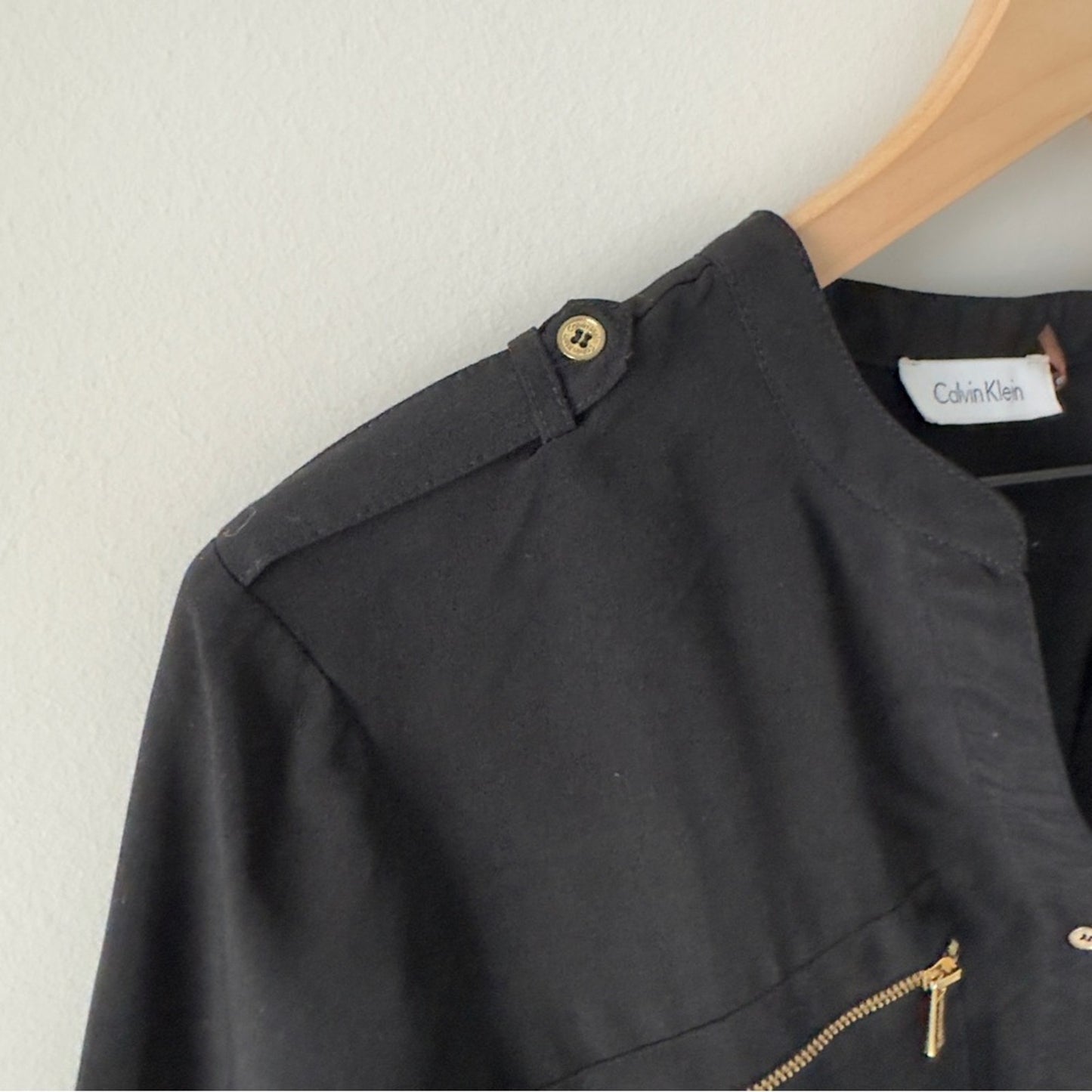 Calvin Klein Black Button-Up Front Jumpsuit Gold Accents Zipper Pockets Tie Belt
