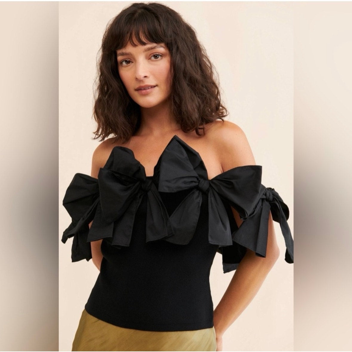 Anthropologie Dolan Left Coast Black Off-Shoulder Bow Top Ribbed Preppy Party 3X