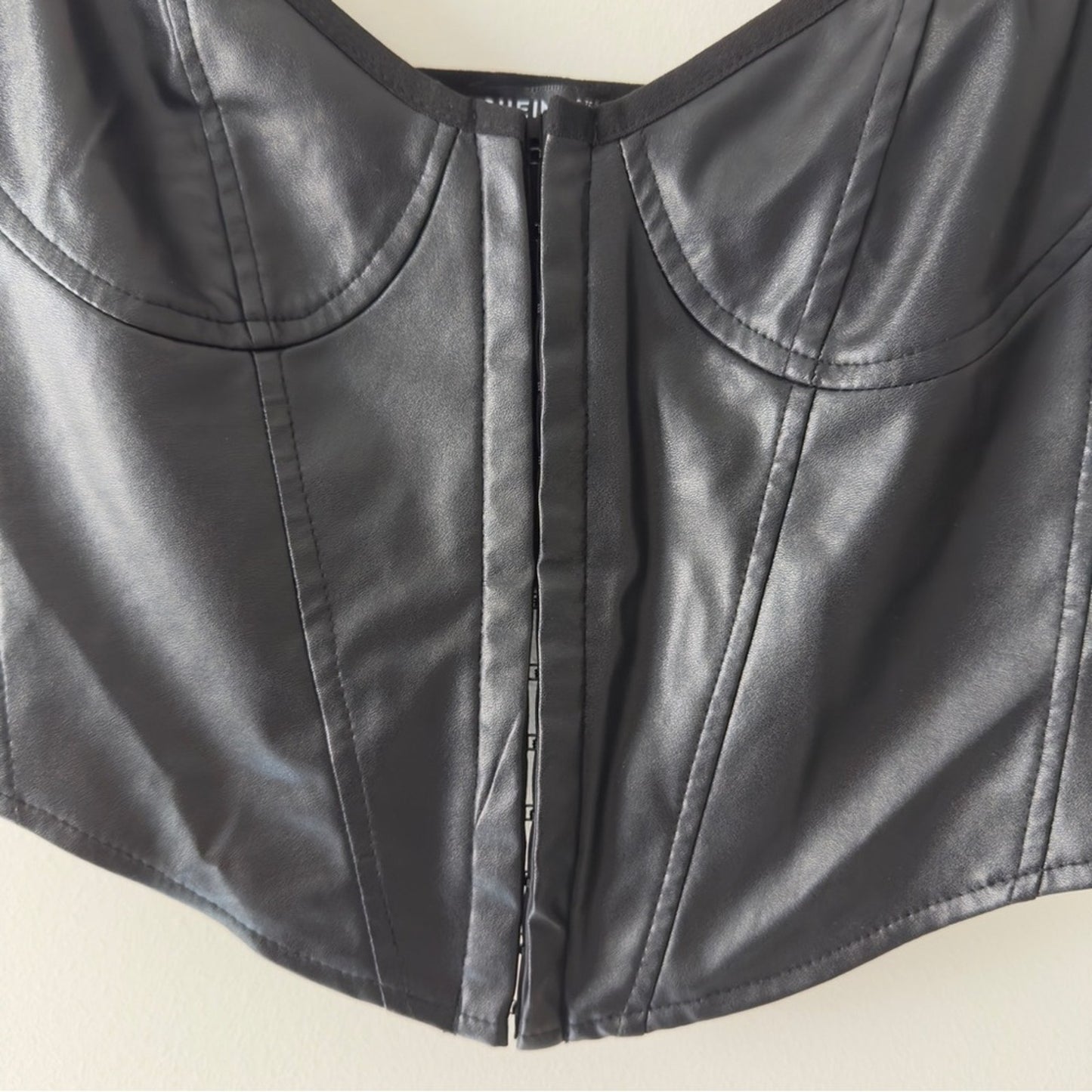 Shein Black Faux Leather Crop Top Corset Adjustable Spaghetti Straps Halloween S