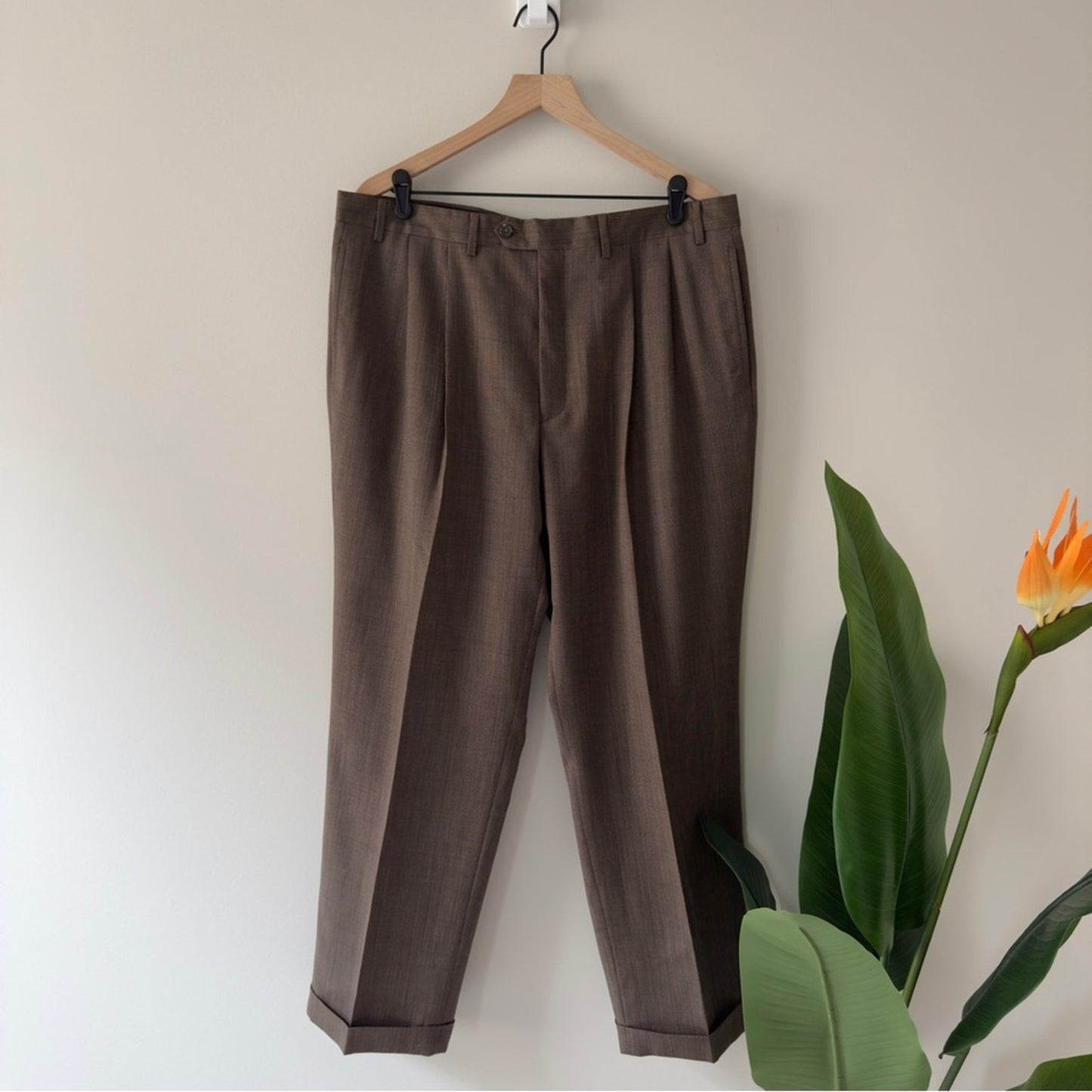 Vintage Lauren Ralph Lauren 100% Wool Dress Pants Brown Rolled Hem Pleated 90s