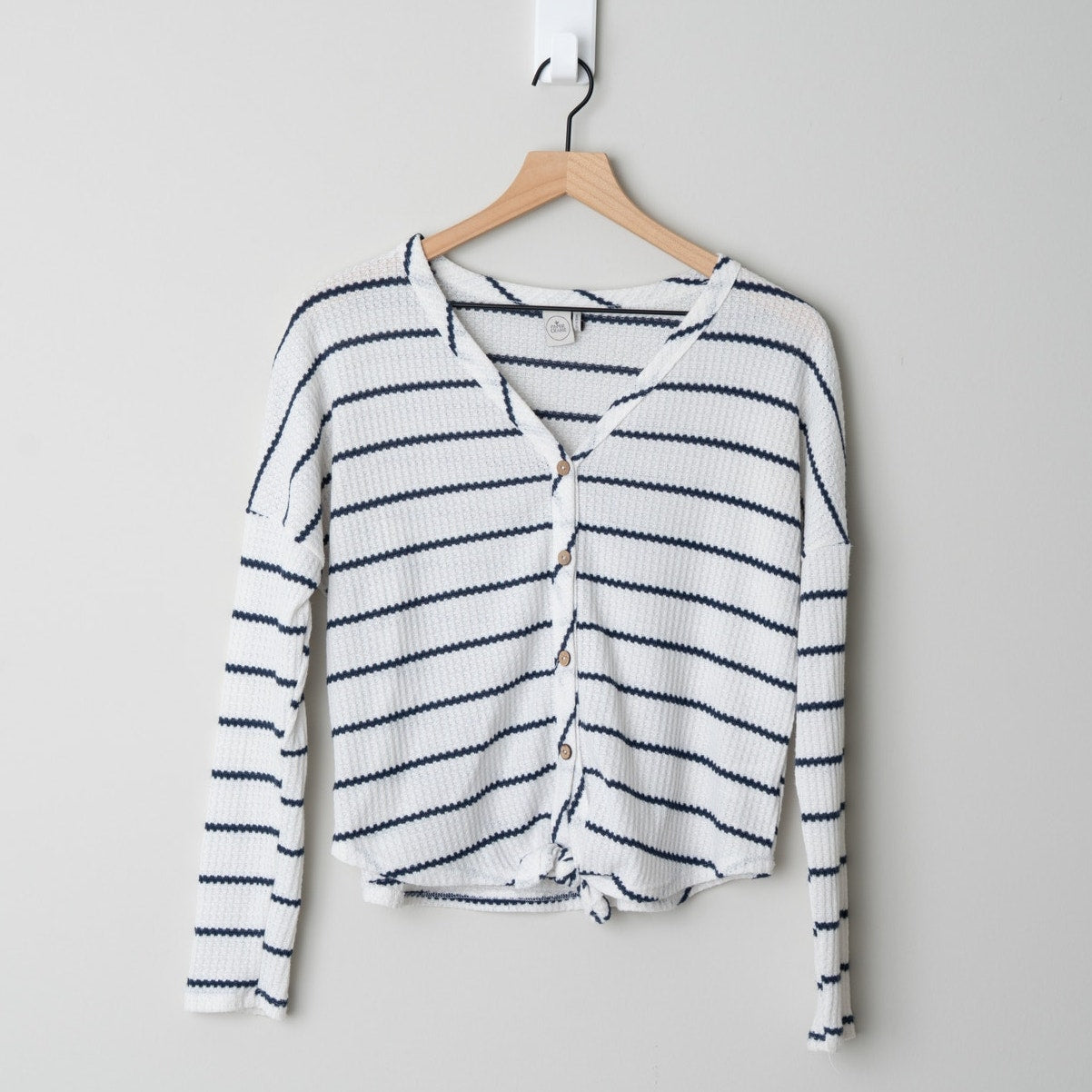 Paper Crane Waffle Knit Button Down Top Tie Waist Front Long Sleeve Striped EUC