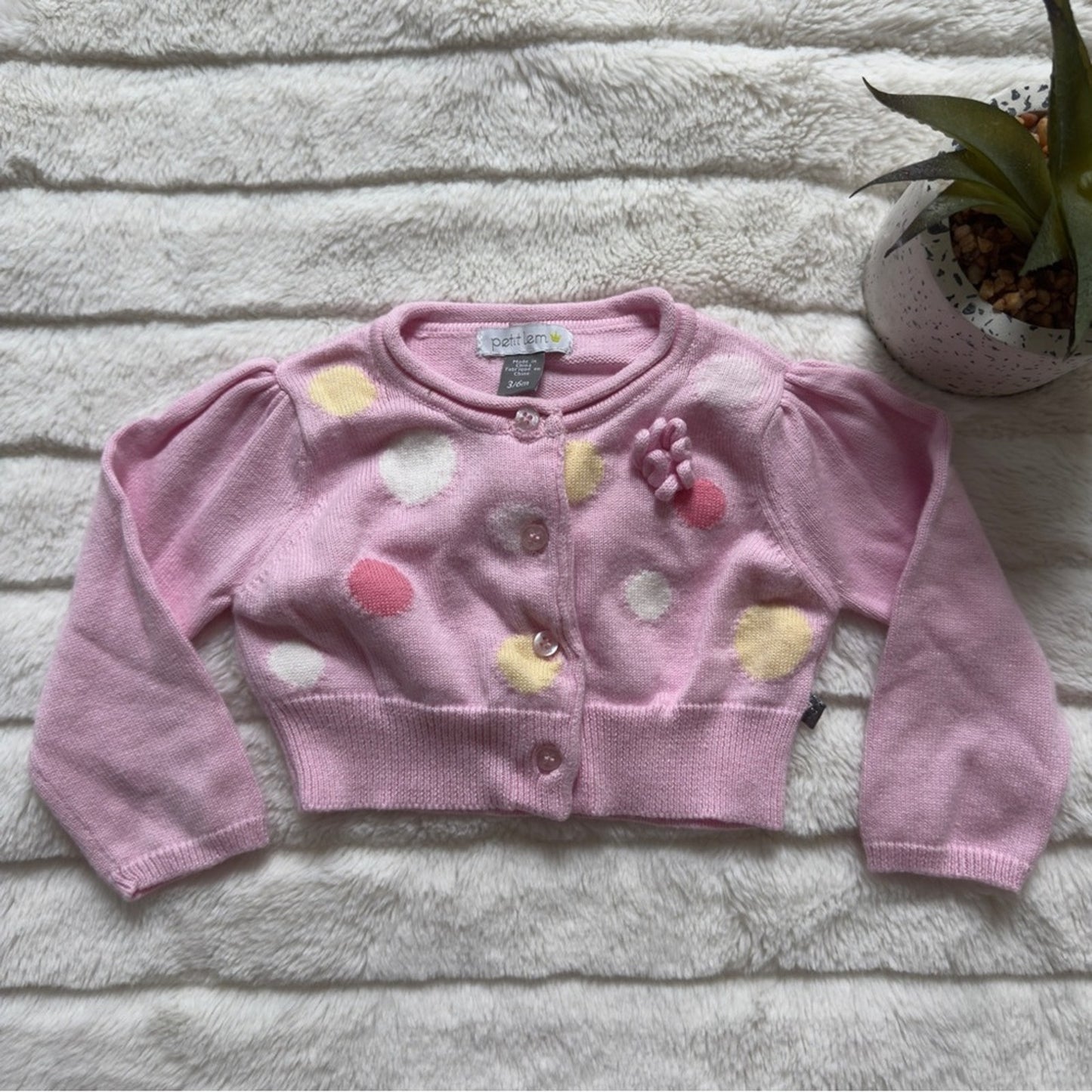Petit Lem Pink Cardigan Polka Dots long sleeve button down front tight knit 3/6M