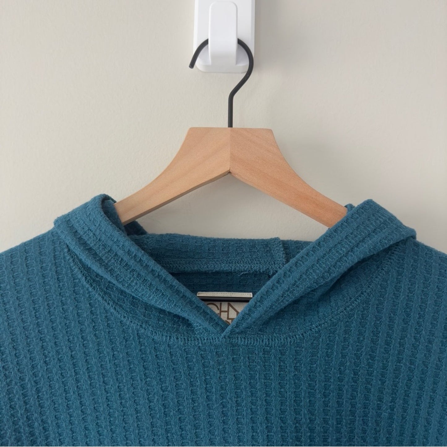 Revolve Chaser Teal Hooded Sweater Top Waffle Knit pullover long sleeve hood L