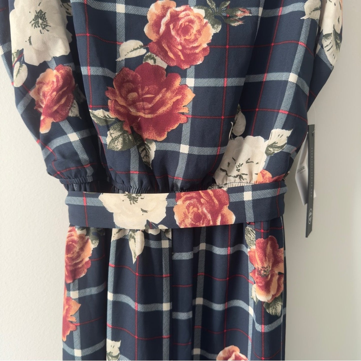 Buckle As U Wish Navy Floral Checkered Jumpsuit Tie Waist Cropped Spaghetti Blue