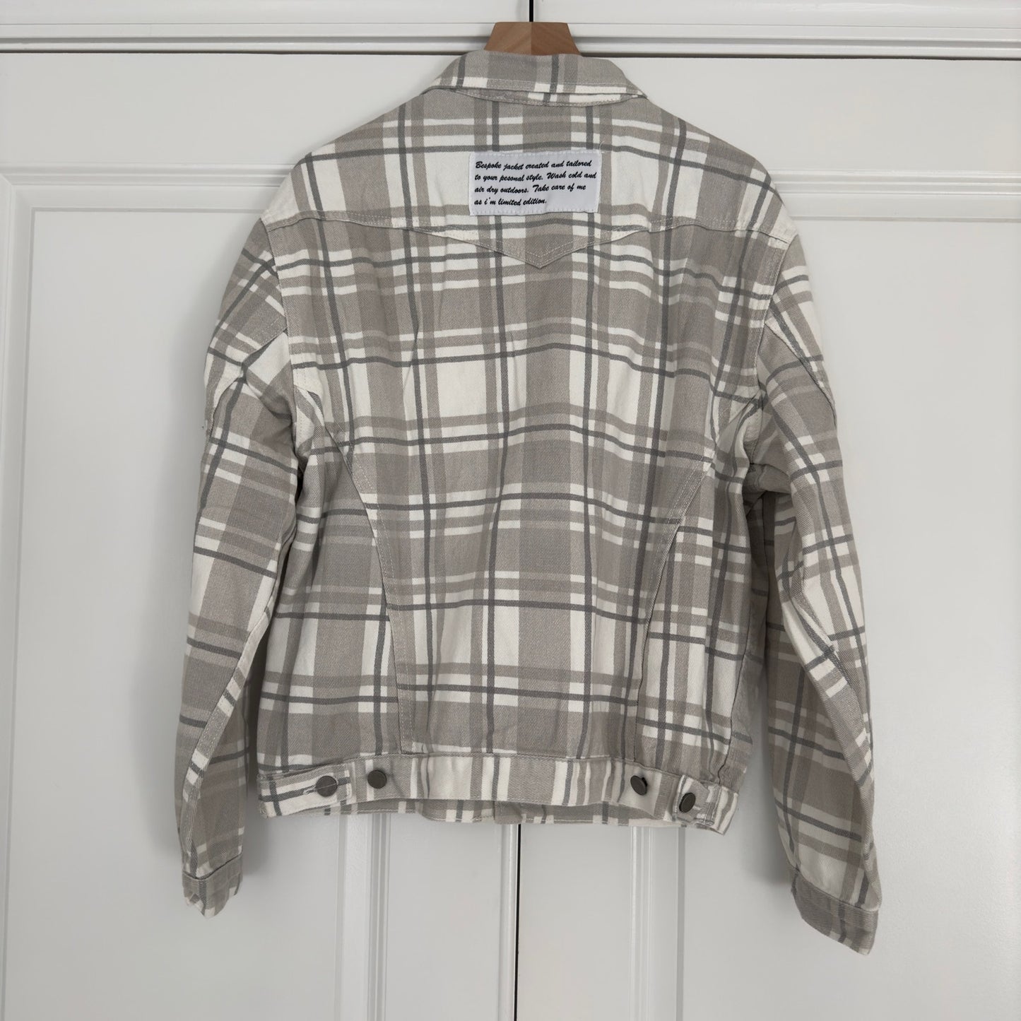 Princess Polly Brielle Denim Jacket in Beige Check Plaid Button Down 100% Cotton