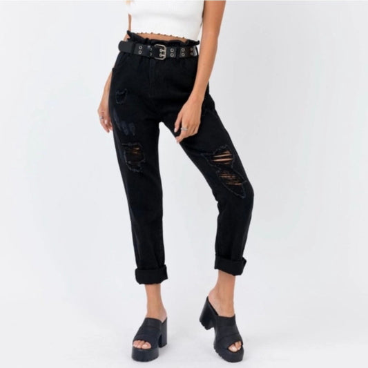 Princess Polly Open Road Paper bag Waist Jeans Black distressed pockets paperbag