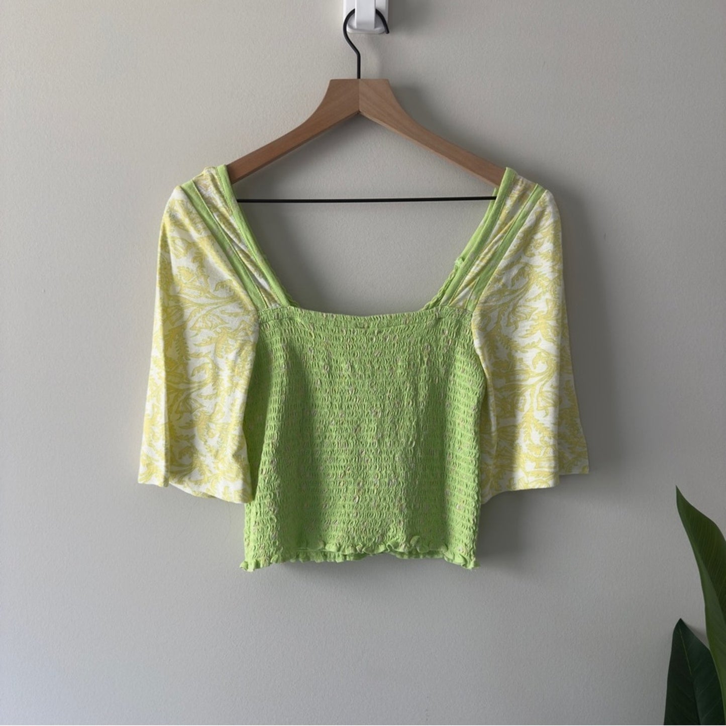 Free People Marigold Top in Key Lime Combo Smocked half Sleeve Cropped top green