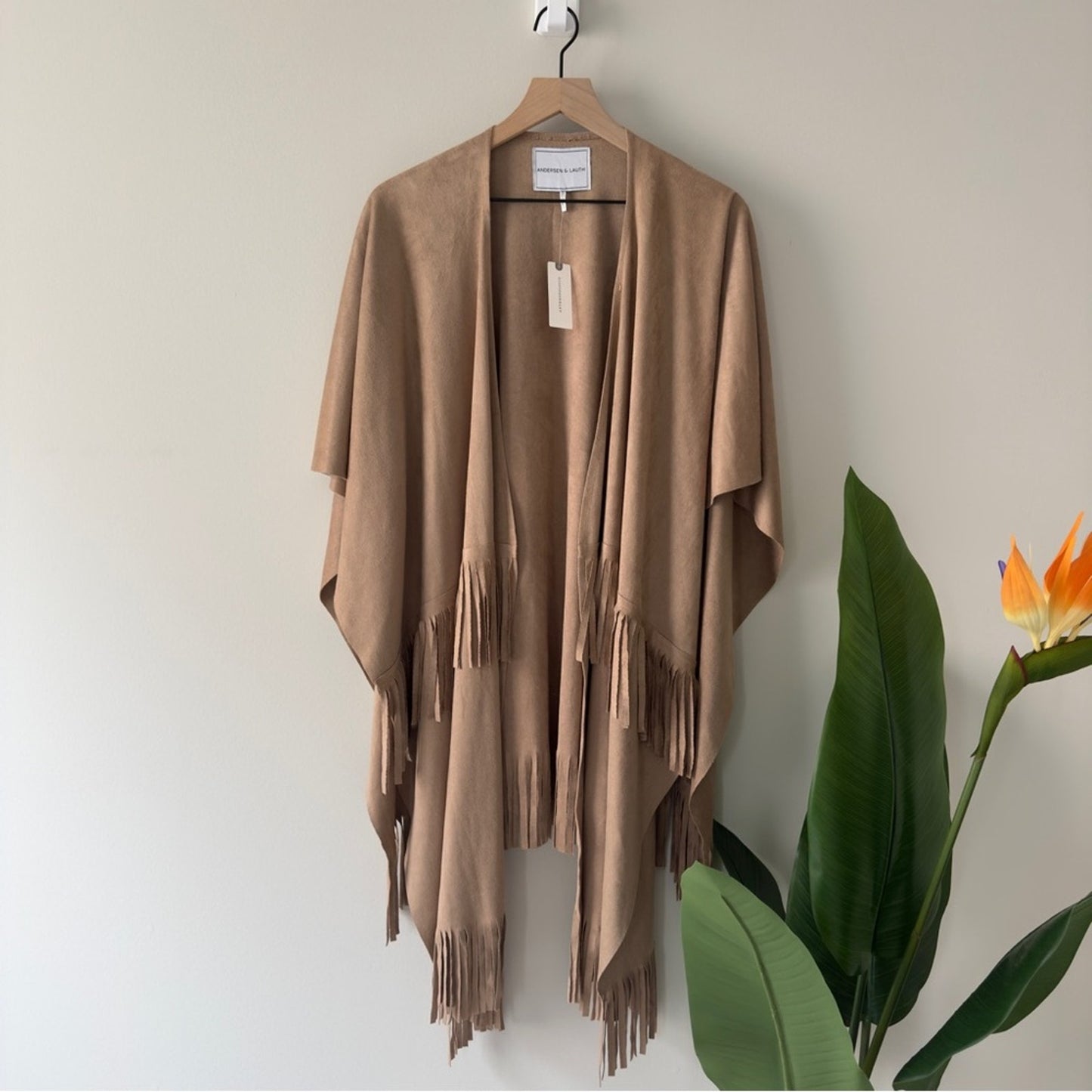 Anthropologie Andersen & Lauth Faux Suede Poncho Tan Open Front with Fringe hem