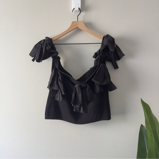 Anthropologie Dolan Left Cost Black Off-Shoulder Bow Top Ribbed Preppy Party EUC