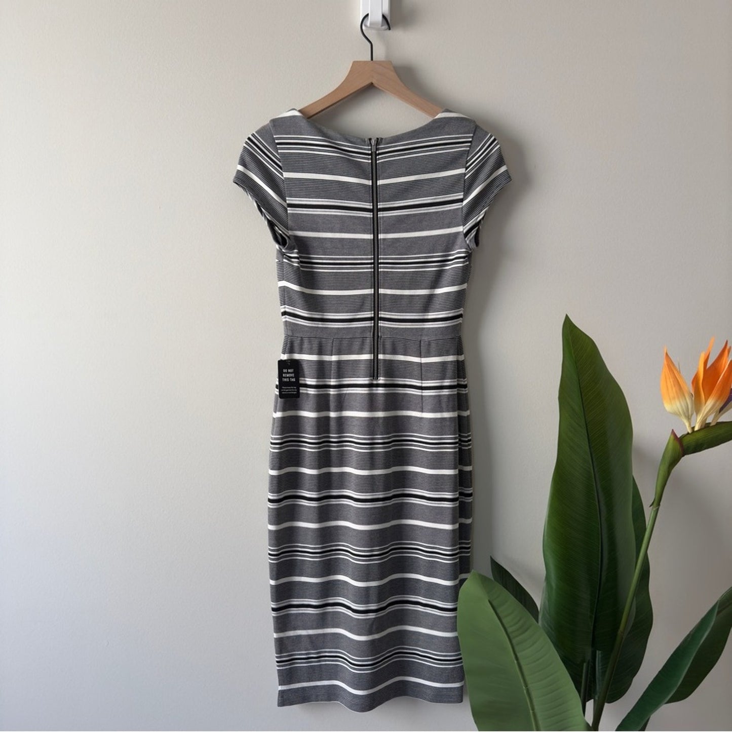 Express Gray and White striped Sheath Midi Dress V-Neck Cap Sleeves zip up slit