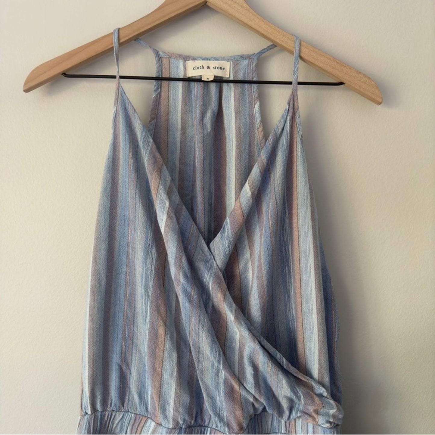 Anthropologie Cloth & Stone Striped Romper Spaghetti Strap Tie Waist Pockets EUC