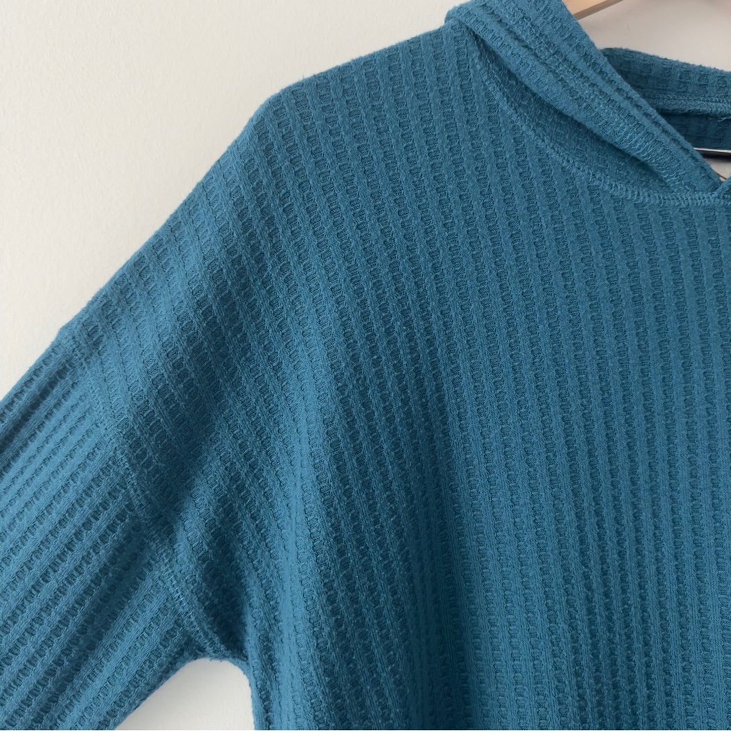 Revolve Chaser Teal Hooded Sweater Top Waffle Knit pullover long sleeve hood L