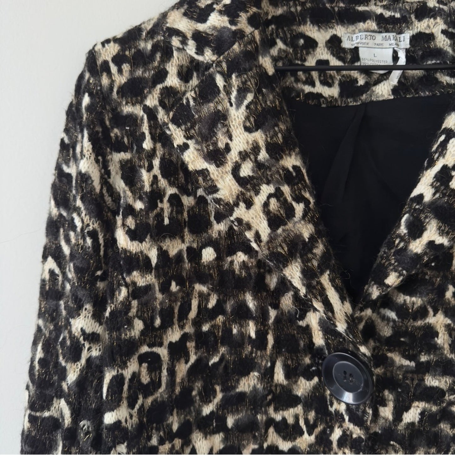 Alberto Makali Vintage leopard Print Button-Up knit blazer Jacket faux pockets L