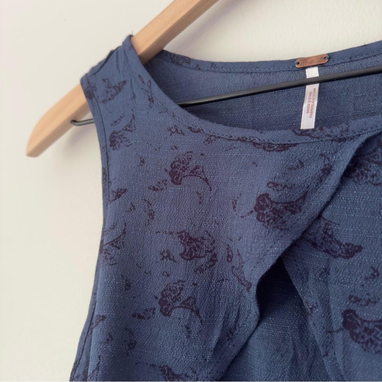 Free People Indigo Combo Tank Top Floral Print Cutout Sleeveless Crinkle Cut Out
