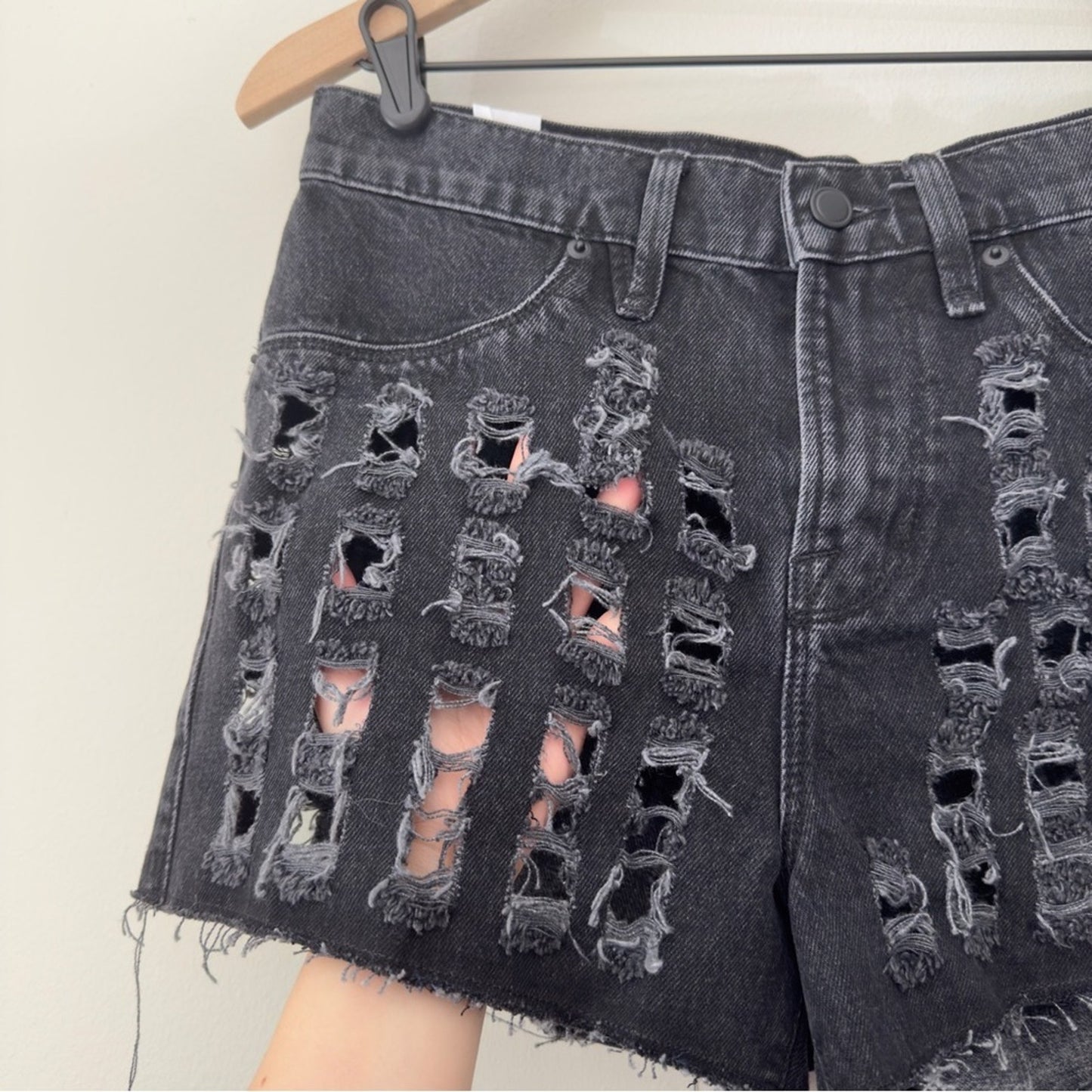 Good American Distressed Cut Off Jean Shorts Cutout Recycled Cotton Pockets Zip