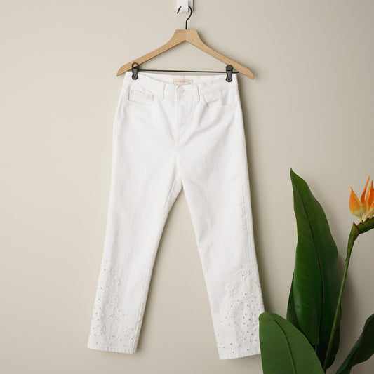 Tory Burch Keira High-Rise Cropped Jeans Floral Eyelet Motif Hem Cotton Zip EUC