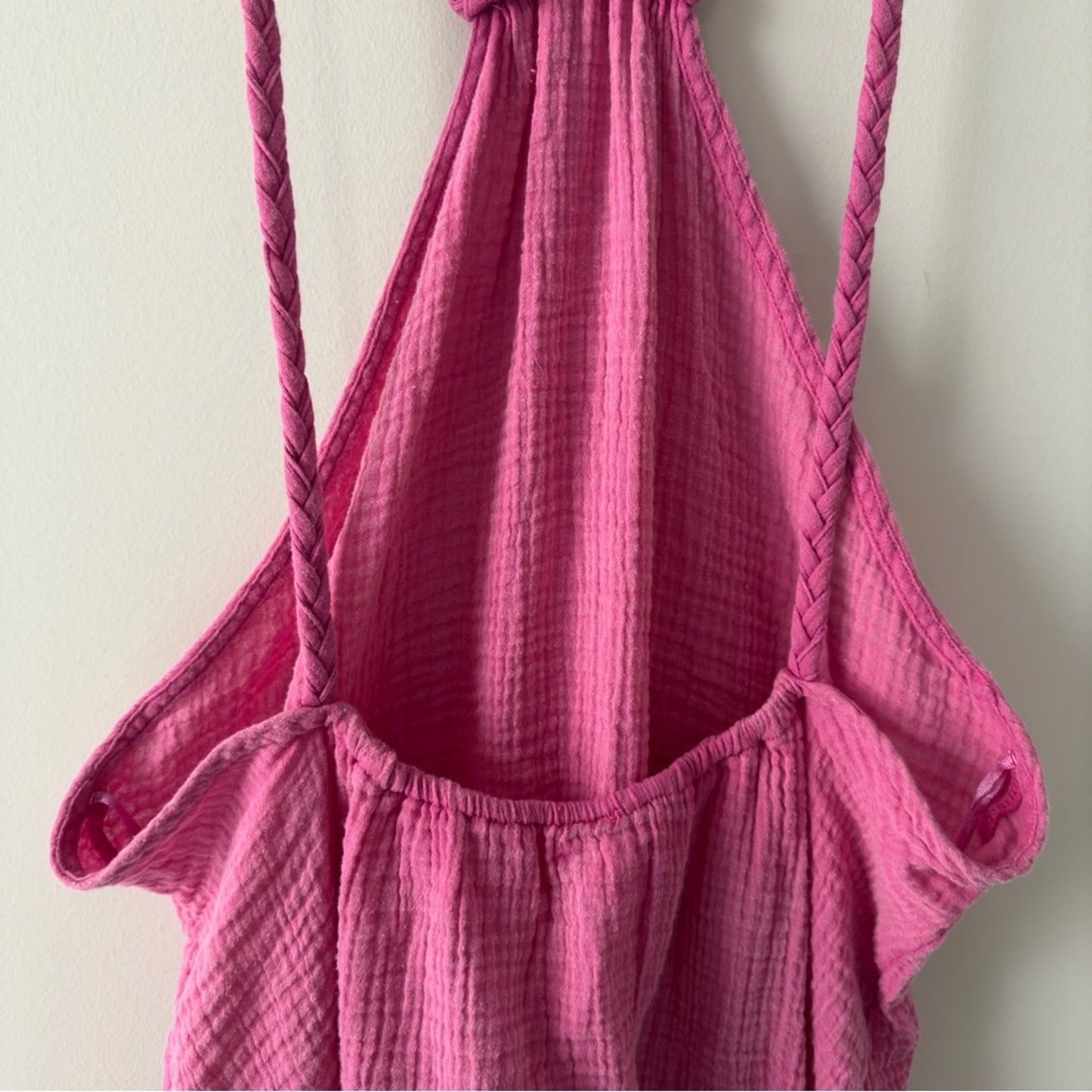 Anthropologie Pink gauze fabric braided strap mini dress halter 100% cotton NWT