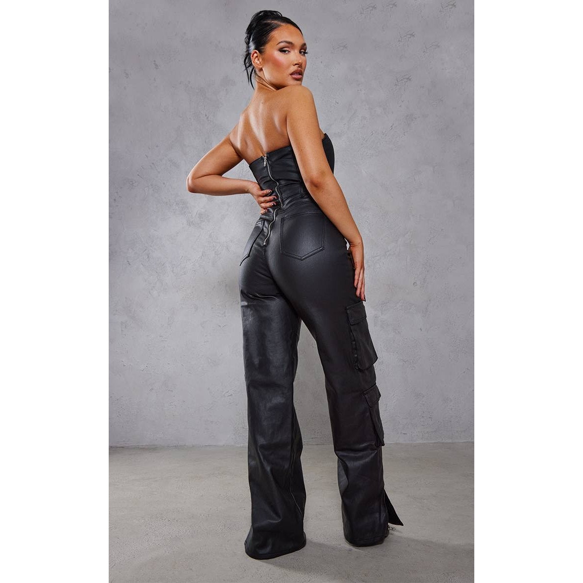 PrettyLittleThing Black Cargo Pocket Bandeau Denim Faux Leather Jumpsuit Pockets