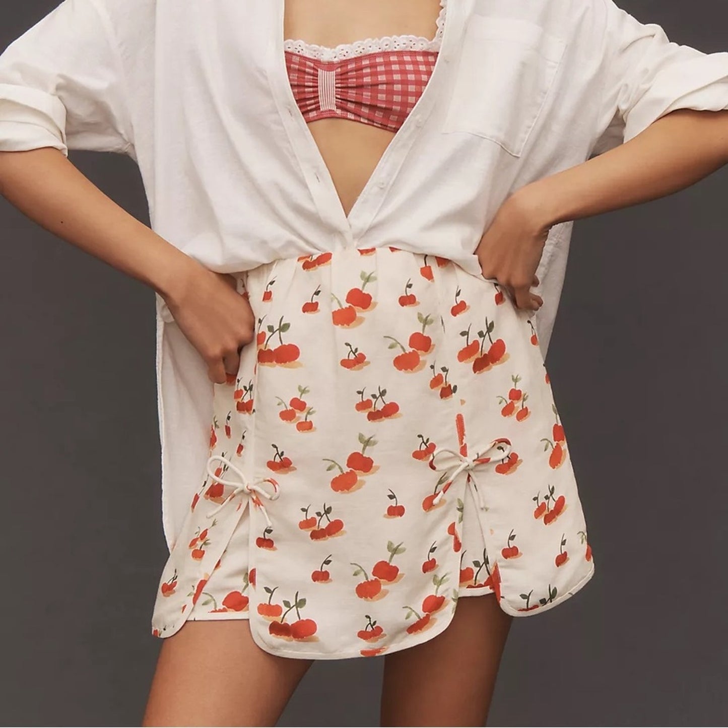 Farm Rio x Anthropologie Cherry Linen Blend Skort Bows Mini Skirt Shorts Zip Up
