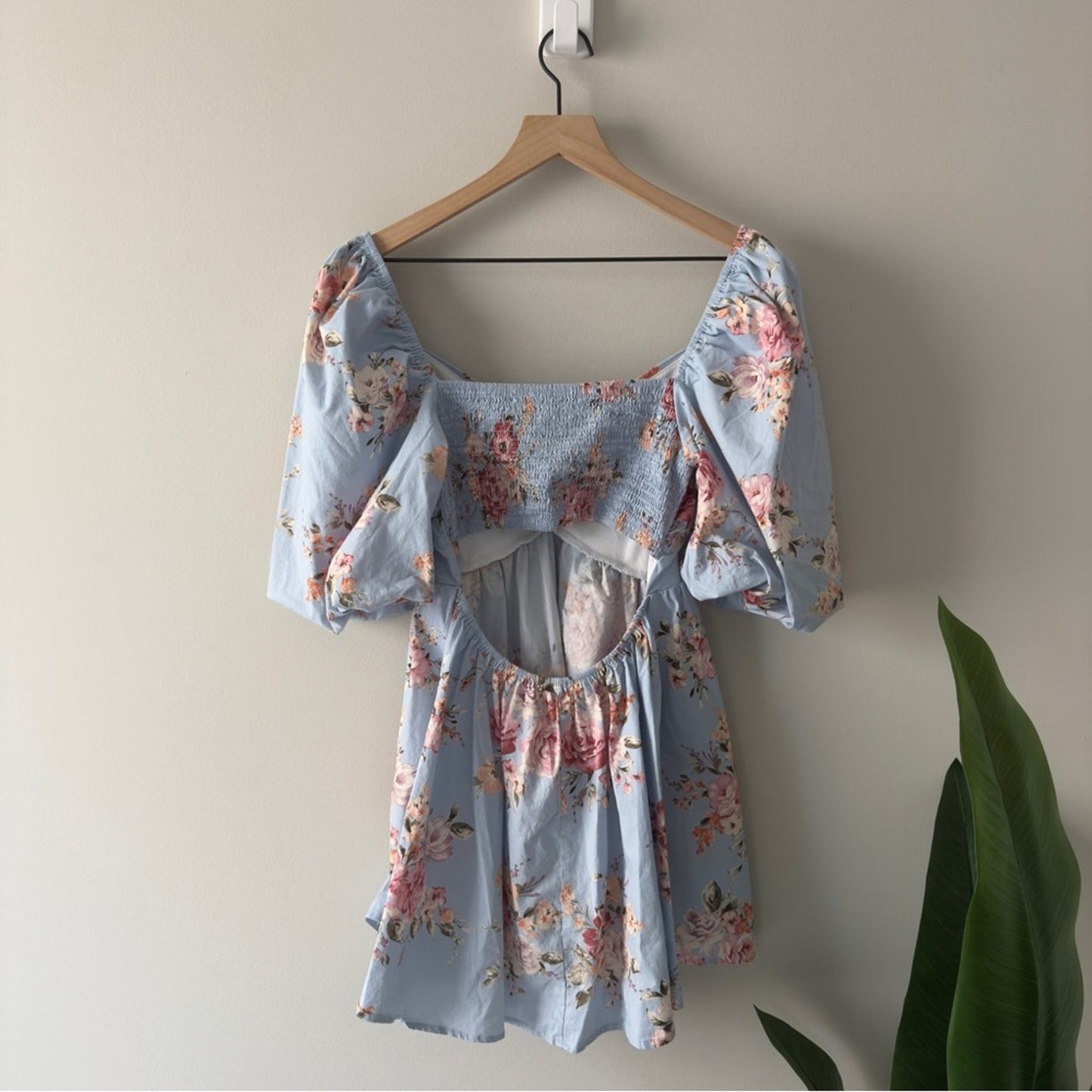 Altar’d State Floral Blue Puff Sleeve Mini Dress Scoop Neck Cutout Smocked Back