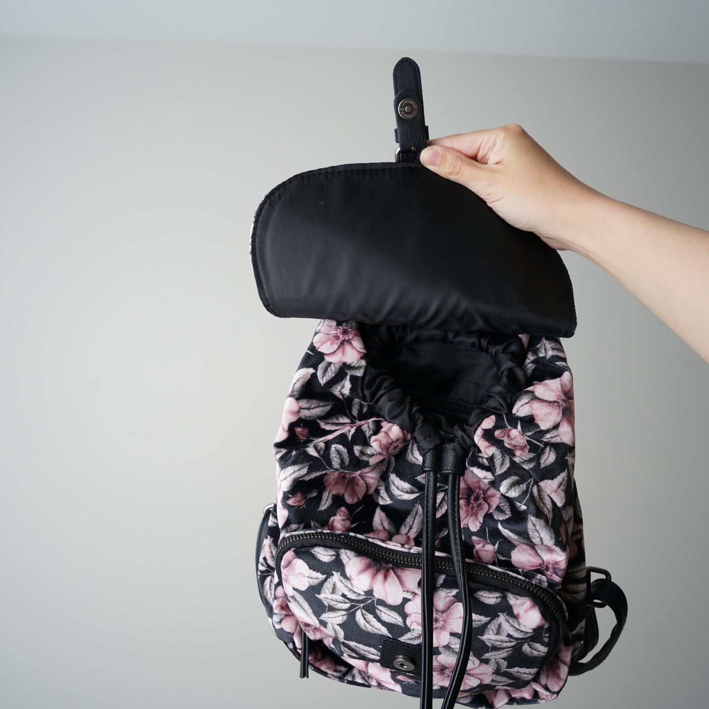 Velour Floral Backpack Faux Leather Straps Drawstring Velvet Mini Front Pocket