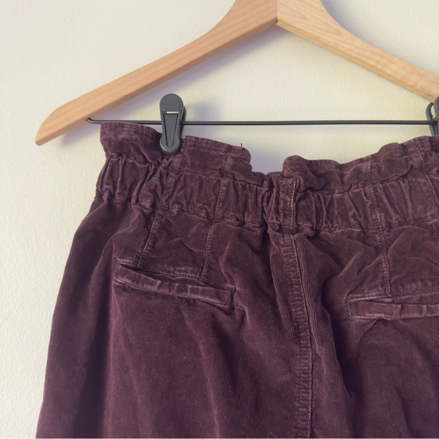 Free People Margate Corduroy Pants Burgundy Button Fly Paperbag Tie Waist Cords