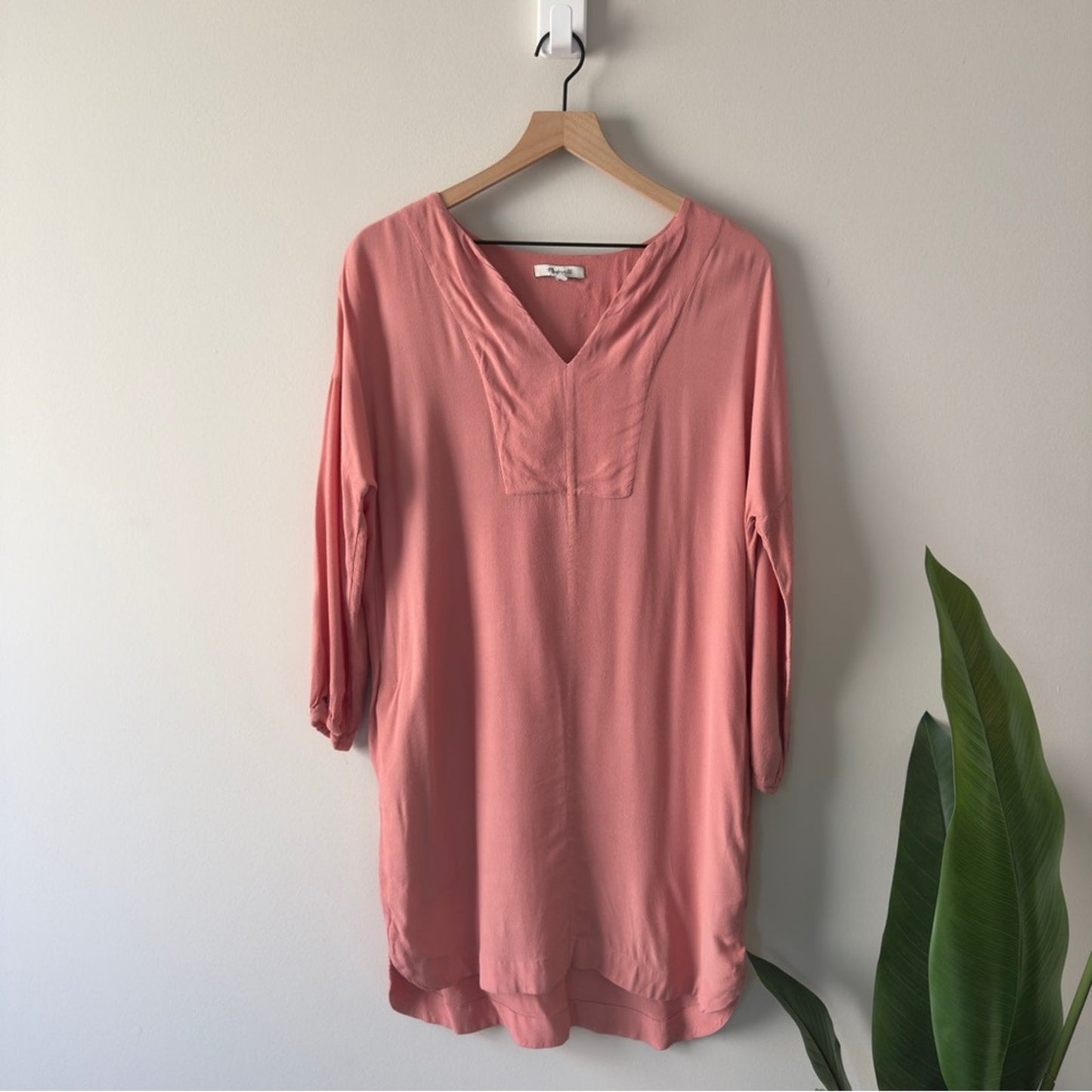 Madewell Pink Long Sleeve Shift Dress Knee Length Solid Preppy Crepe