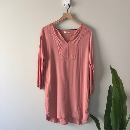 Madewell Pink Long Sleeve Shift Dress Knee Length Solid Preppy Crepe