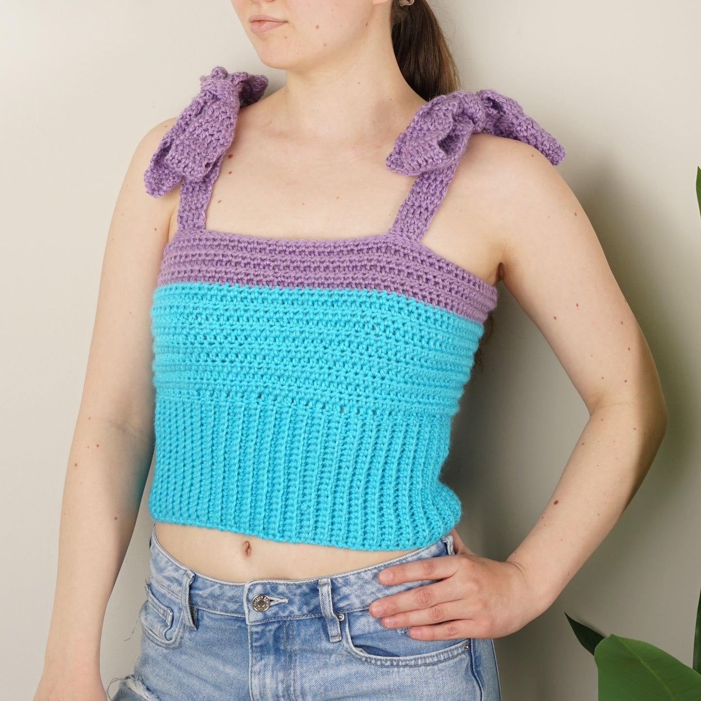Handmade Crochet Babydoll Tank Top Crop Sleeveless Bows Cropped Colorblock S/M
