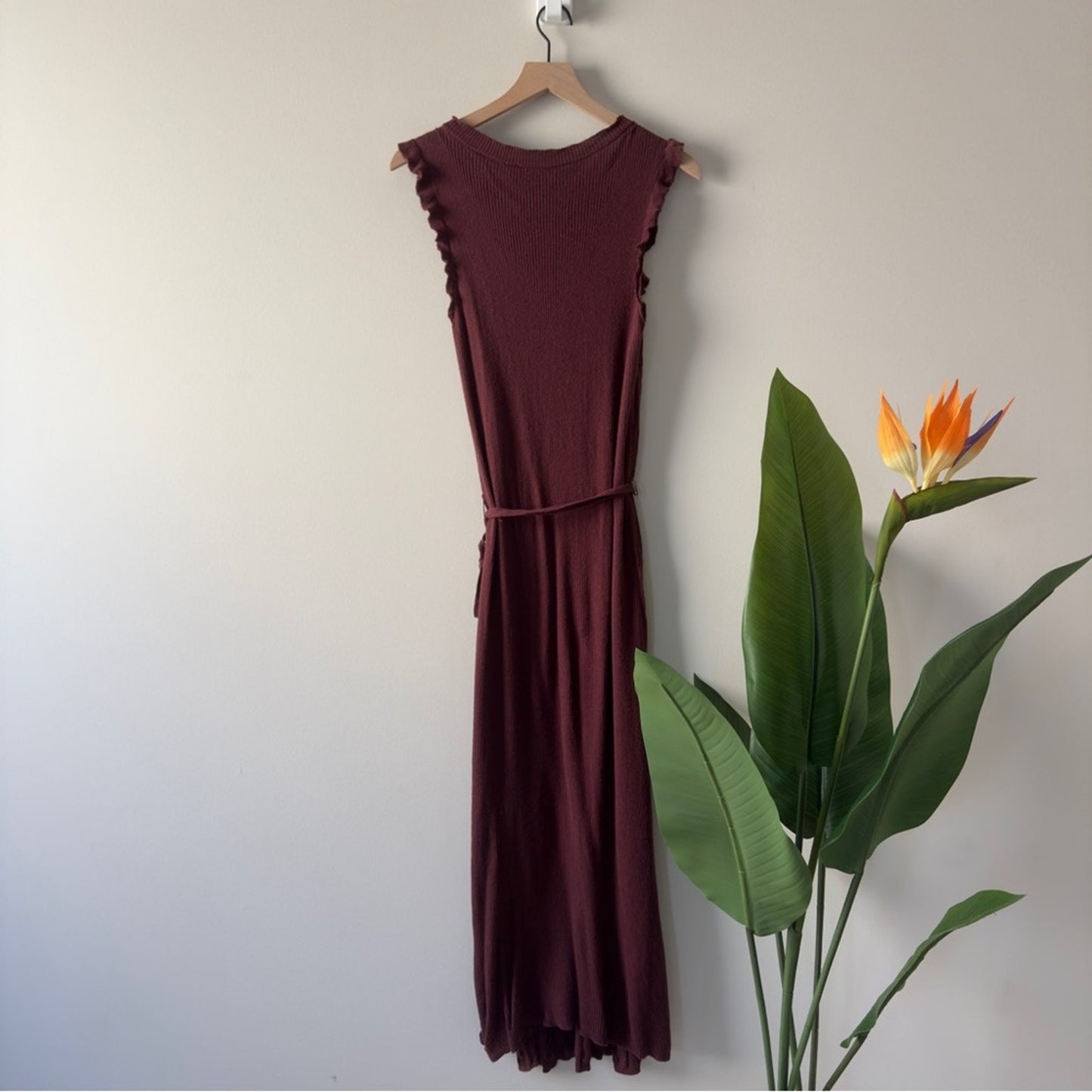 PAIGE Chocolate Wine Sleeveless knit Maxi Dress slit side waist tie bow L