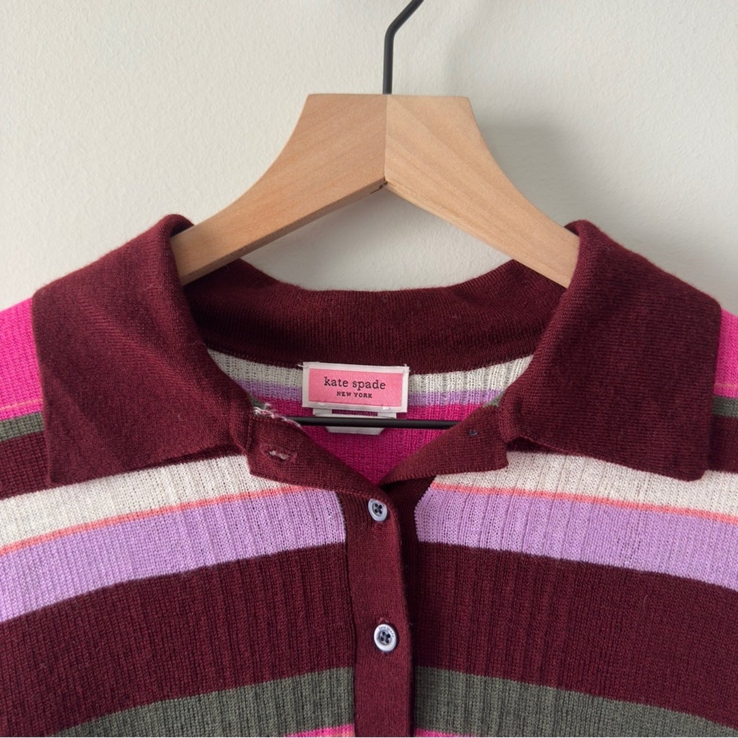 Kate Spade Fine Stripe Polo Sweater 100% Merino Wool Tight Knit preppy light EUC