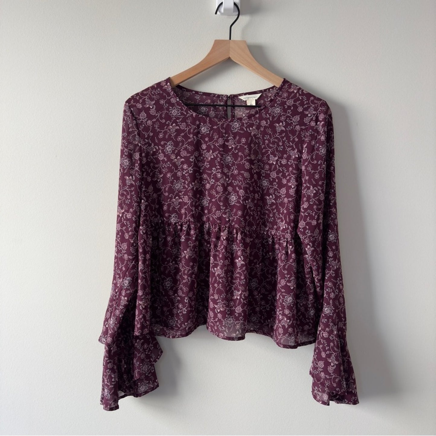 Aeropostale Floral Burgundy Babydoll Top sheer long bell sleeves keyhole button