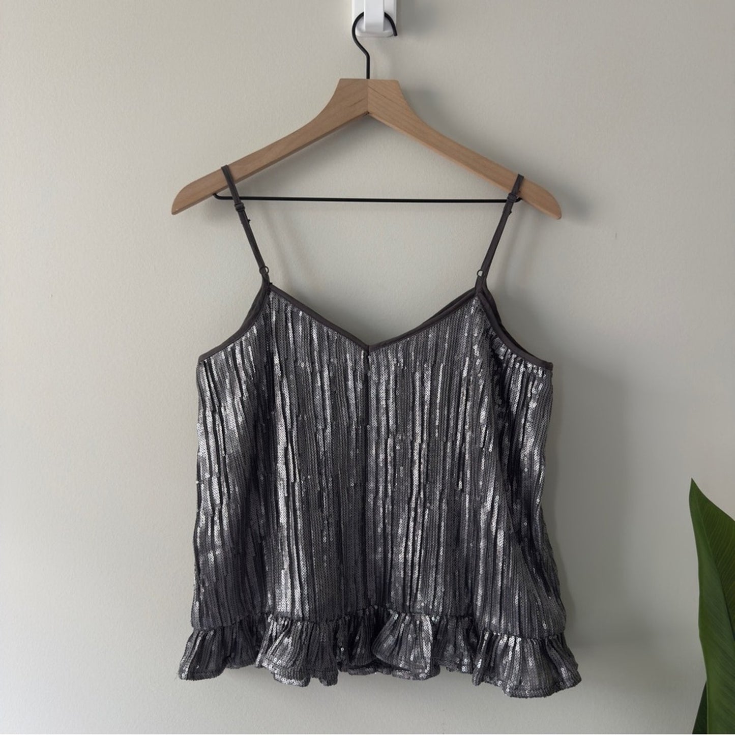 Anthropologie Amelie Sequin Cami Top Silver Ruffled Hem Camisole spaghetti strap