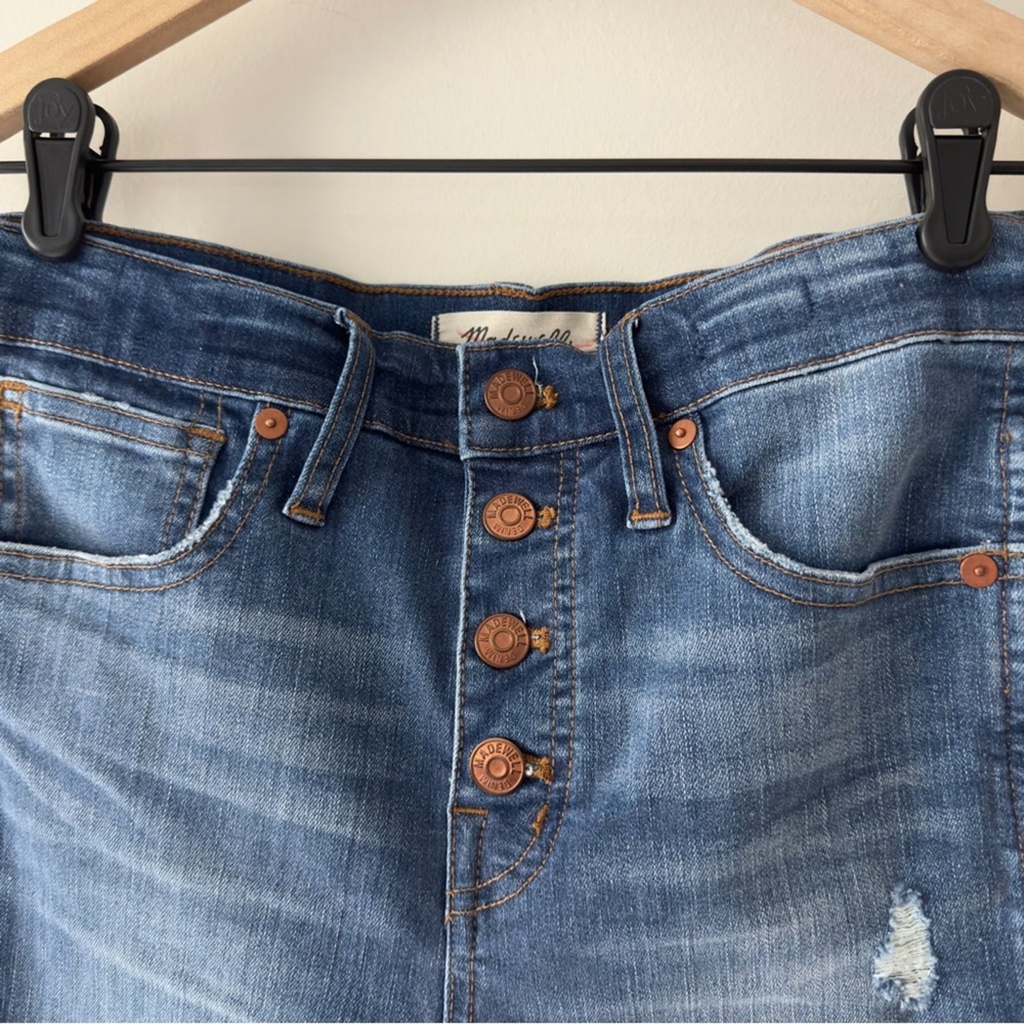 Madewell 10” High-Rise Skinny Jeans Button Fly Distressed denim casual dark Wash