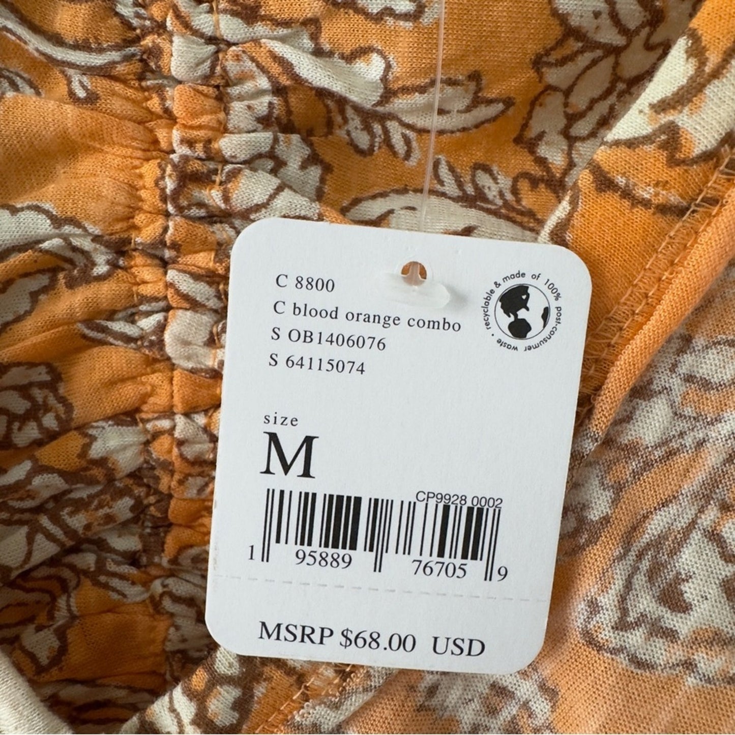Free People Say the Word Top in Blood Orange Combo Floral Ruched long sleeve NWT